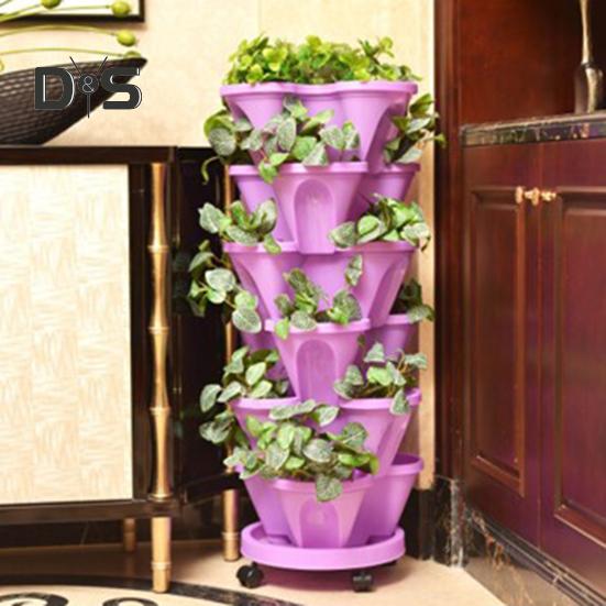 6 Tier Stackable Vertical Planter Stacking Tower Indoor Outdoor Gardening Planter with Movable Casters And Bottom Saucer for Strawberry Herb Flower