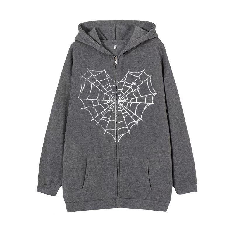 Colorful Spider Web Print Zip Up Hoodie Loose Fit Streetwear Y2K Couple Outerwear