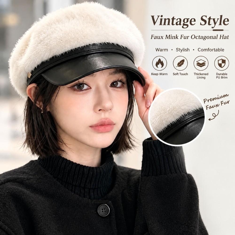 PU Brim Newsboy Cap Adjustable Navy Hat Soft Touch Beret Cap Winter Daily