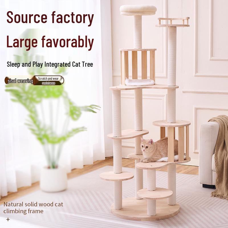 Luxury Solid Wood Multi-Level Cat Tree with Space Capsule Bed and Scratching Post
