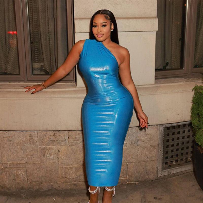 Women's Summer Sexy Slant Shoulder Waisted Hip Wrap Mid-Length Dresses