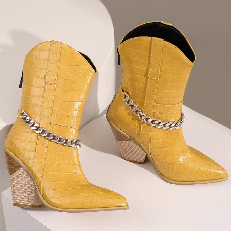Fashion Western Cowboy Boots For Women Sexy Chain Ankle Boots For Women Wedges Heels Black Yellow White Autumn Winter Shoes Large Size