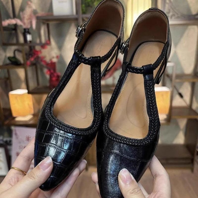Women's Textured T Strap Heeled Sandals Ankle Buckle Woven Casual Versatile Shoes
