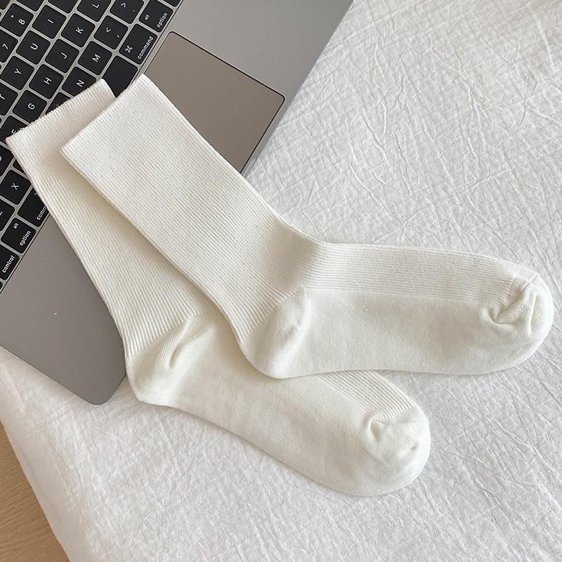 Chaussettes Coton Pur Gris Chaussettes à Empiler Saison Double Aiguille Sans Couture Couleur Unie Absorbant la Transpiration et Désodorant Coton Chaussettes Mi-Haut