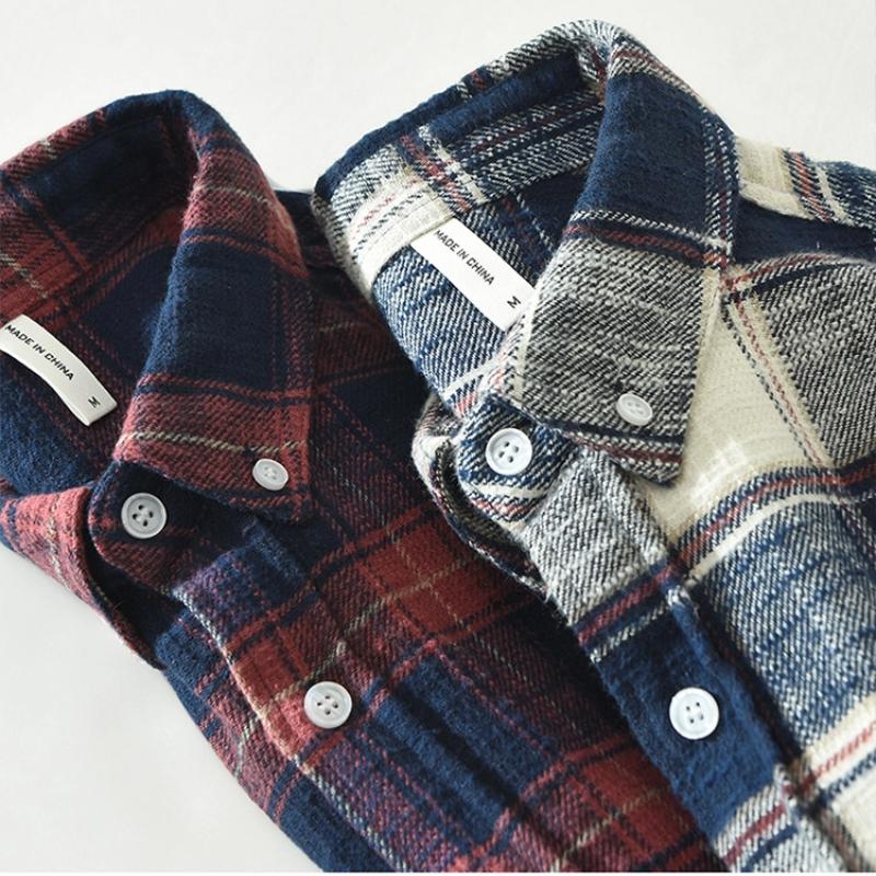 Japanese Style Classical Long Sleeve Plaid Shirt Men Spring/Autumn 100 Cotton Casual Tops Turn Down Collar Pocket Button Shirt Comfort Men Clothing