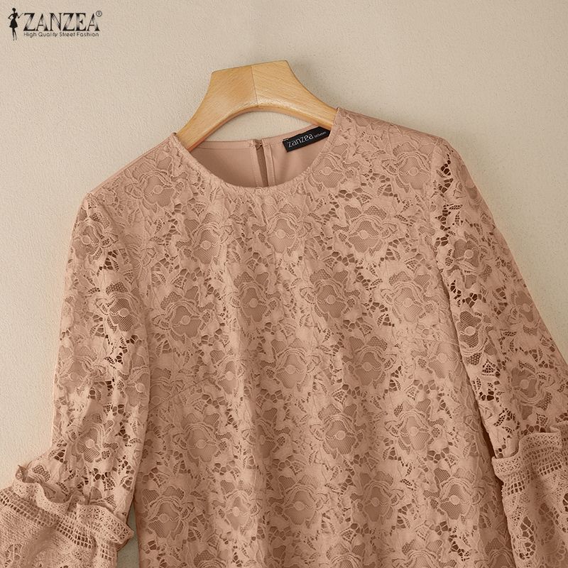 ZANZEA Damen Freizeit Rundhals Locker 3/4 Ärmel Spitze Patchwork Kleid