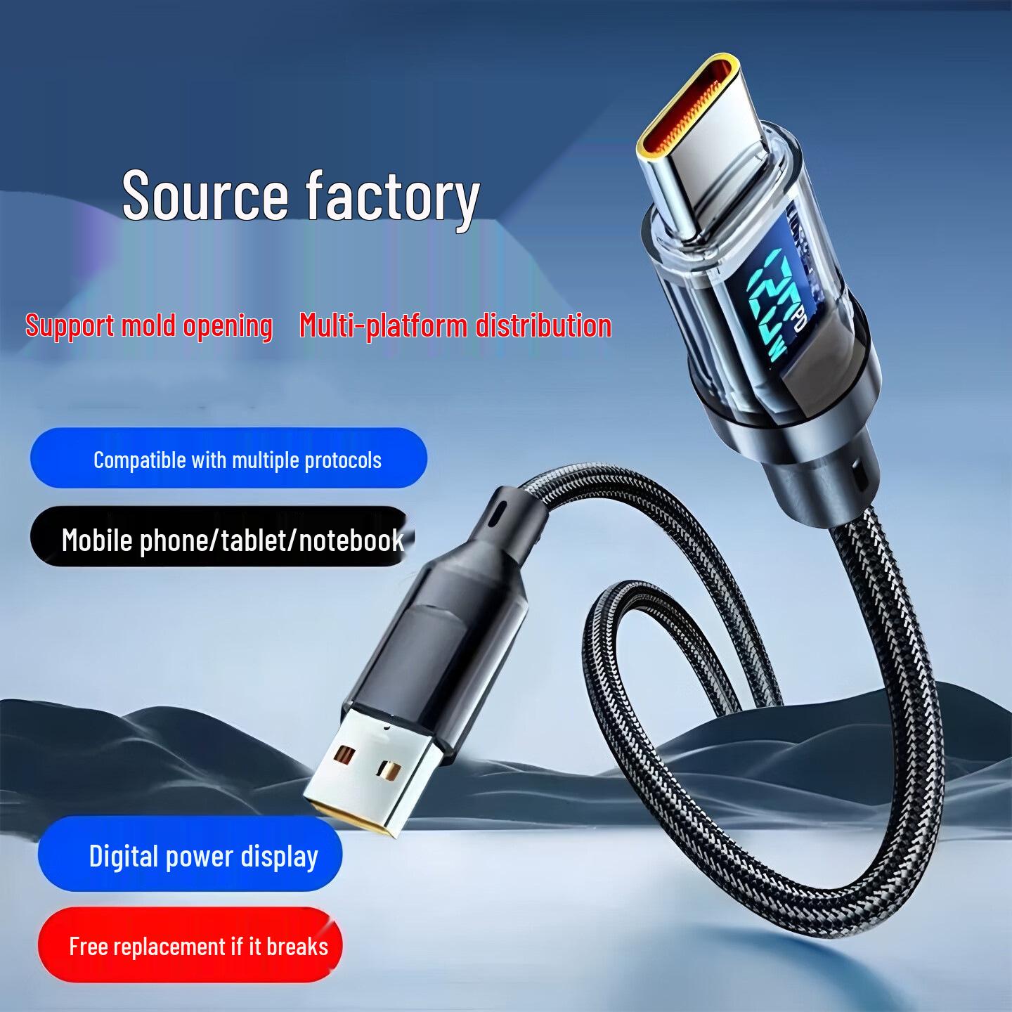 

120W Super Fast Charging Cable for Apple 15/16, Huawei, Vivo, Oppo, and Honor 0.25m Black Type-C with Smart Display