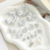 9 Pairs Stud Earrings Bright Silver Mirror Polished Hearts Snowflake Cubic Zirconia Faux Pearls Geometry Design Ear Studs