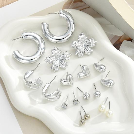 9 Pairs Stud Earrings Bright Silver Mirror Polished Hearts Snowflake Cubic Zirconia Faux Pearls Geometry Design Ear Studs