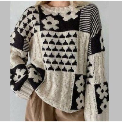 Autumn Winter Knitted Women's Sweater Casual Loose Round Neck Pullover Cross-border Block Flower Design Ladies Clothing