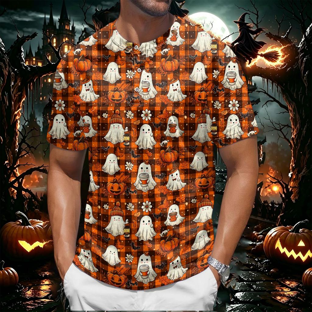 Men's Halloween Printed Crew Neck Short Sleeve Shirt Casual Loose Fit Top with and Pumpkin Pattern for Holiday