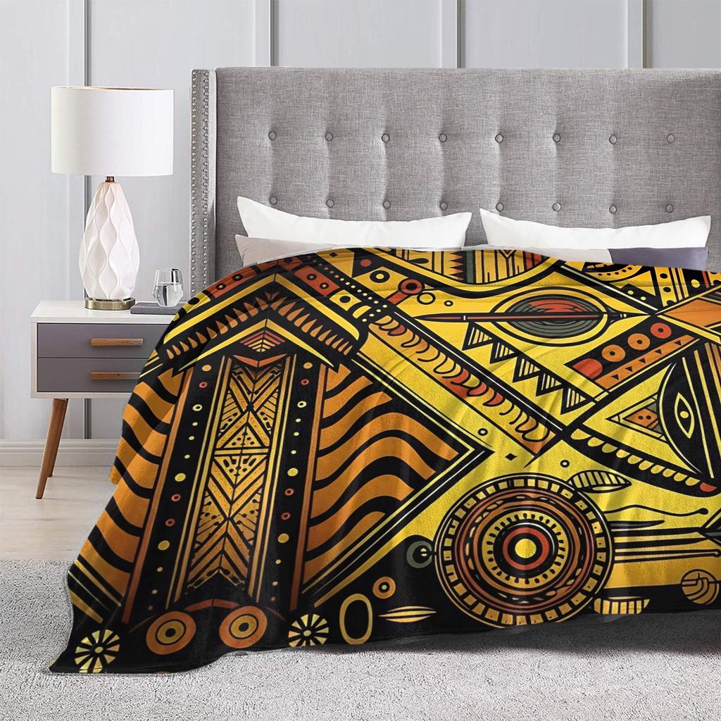 African ethno African Art Black And Gold Knitted Blanket Flannel Super Warm Throw Blanket for Car Sofa Couch Bedroom Quilt