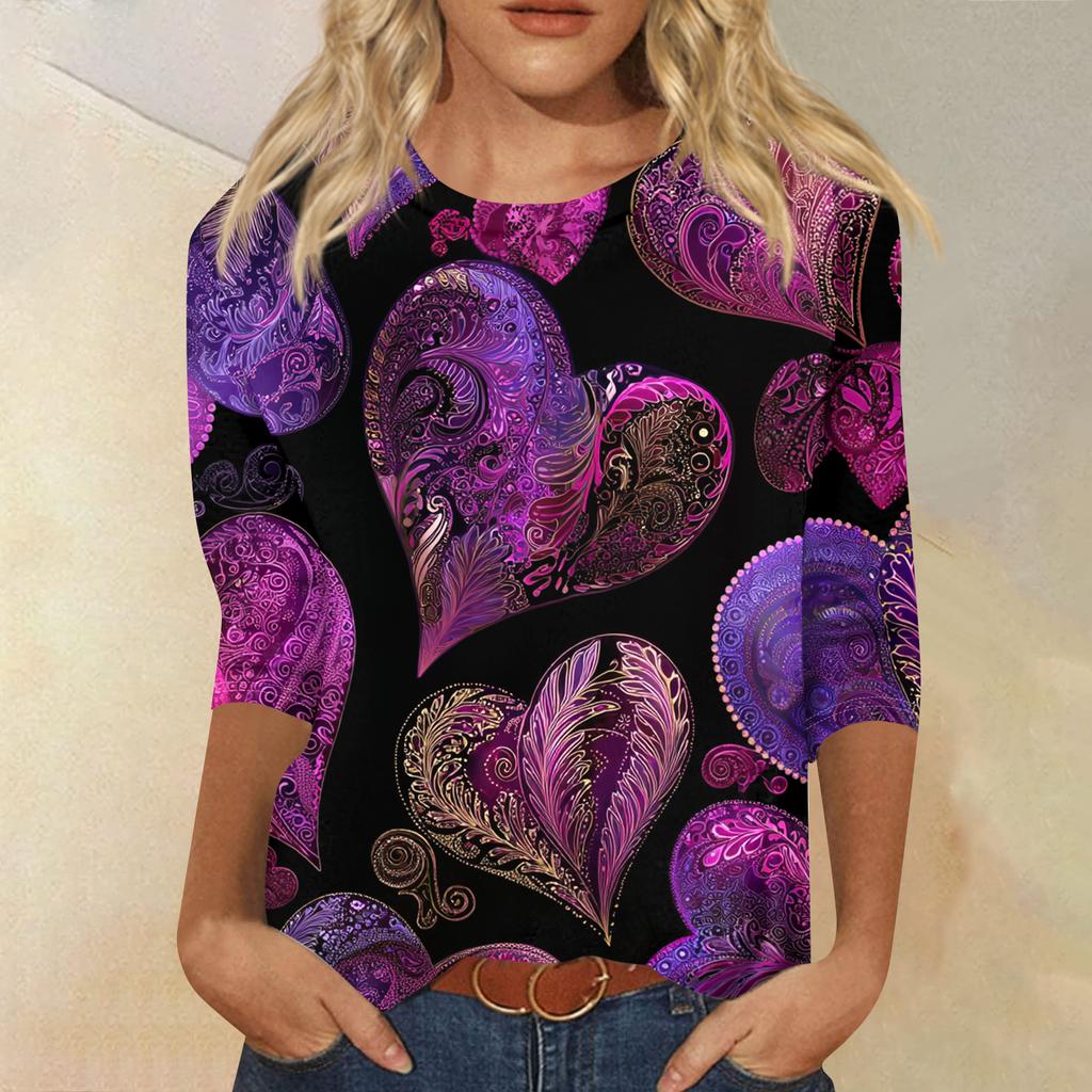 Women's Fashion Casual Round Neck Three-quarter Sleeve Carnival Print T-shirt Top