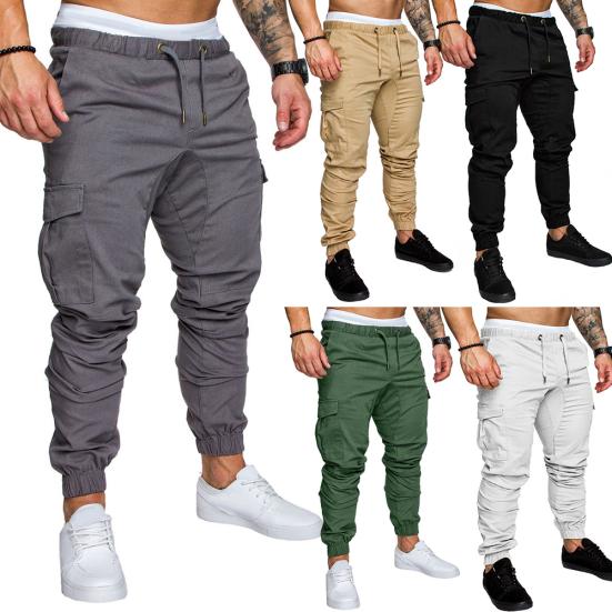 Plus Size Men Casual Solid Color Waist Drawstring Multi Pockets Long Cargo Pants