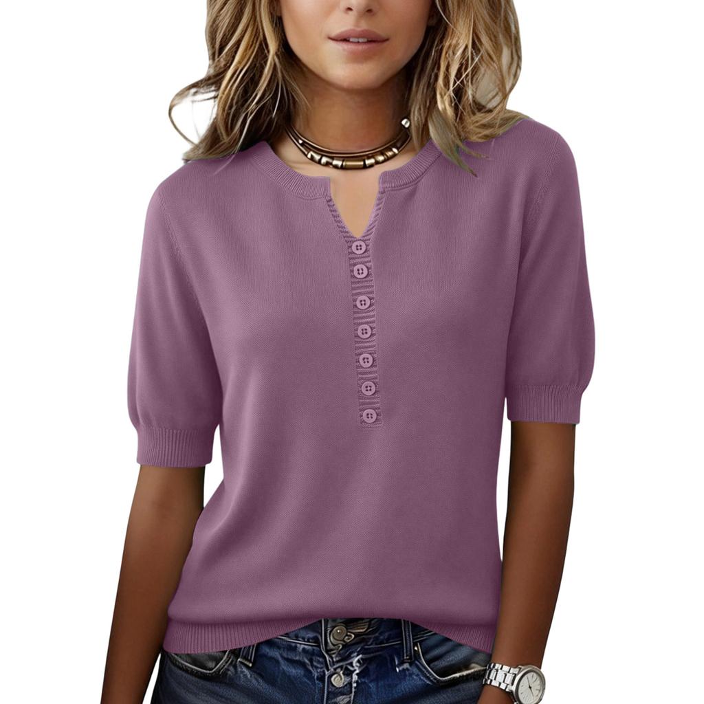 Women’s Short Sleeve Knit Top with Button Front Notched Neckline Pullover Casual Soft Lightweight Sweater Blouse