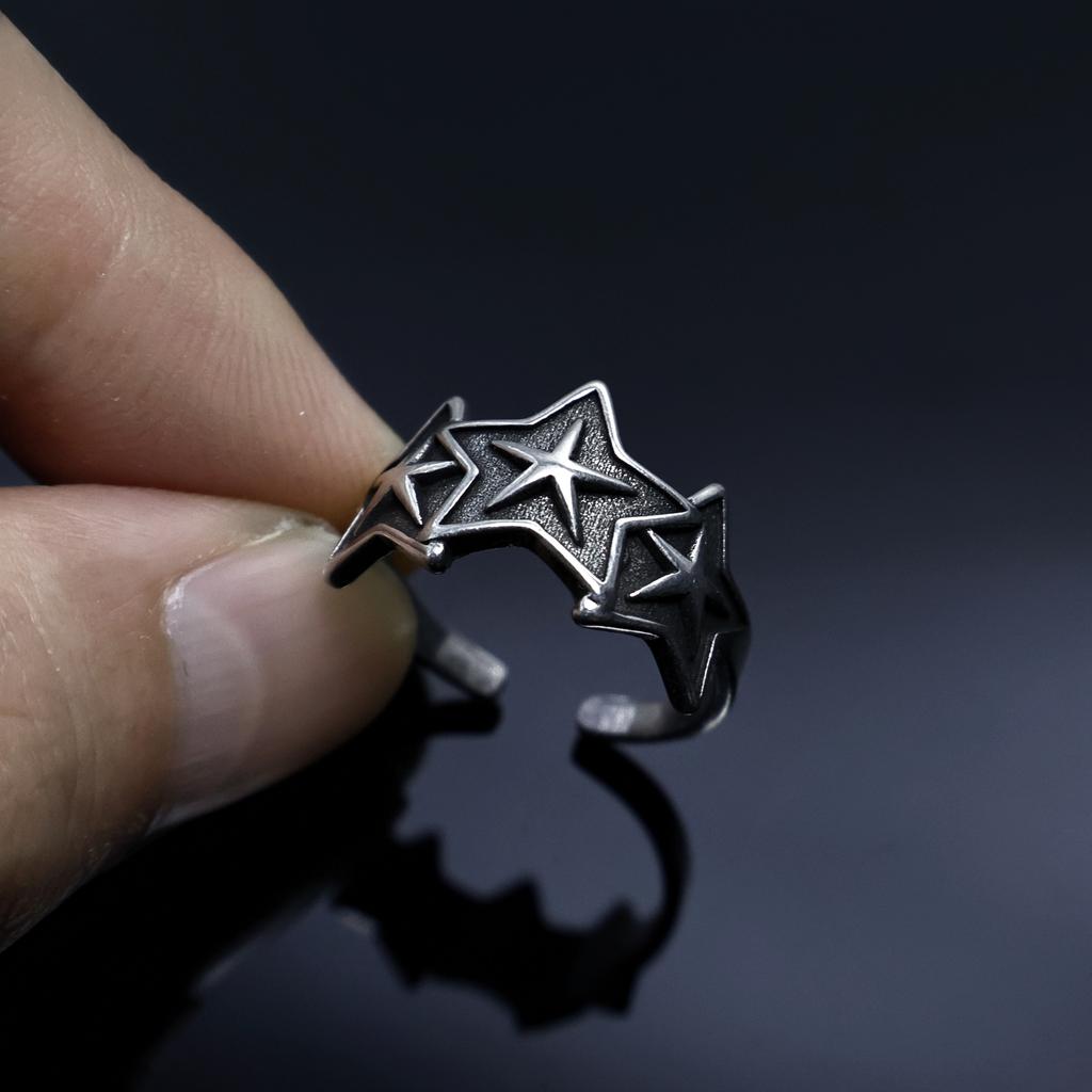 LENNIK "Triasteria" Adjustable Star Ring Silver-Clad White Copper Gothic Punk Edgy Jewelry for Men Women Retro Accessories Gift