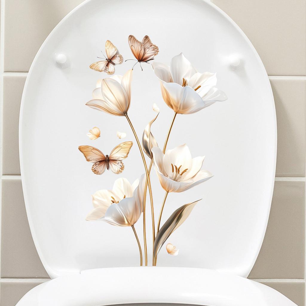 3D Realistic Flower & Butterfly Toilet and Window Stickers, Lifelike Waterproof Removable Bathroom Wall Decals