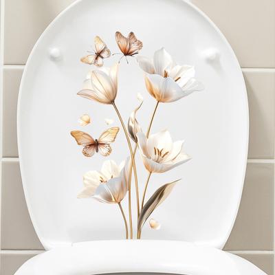 3D Realistic Flower & Butterfly Toilet and Window Stickers, Lifelike Waterproof Removable Bathroom Wall Decals