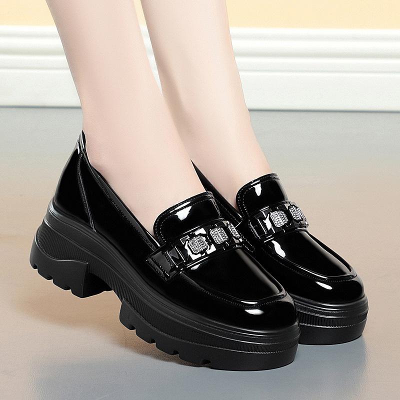 Fashion 5.5cm British Style Thick Bottom Patent Leather Loafers Women's Platform Shoes 2024 Spring Shallow Block Heels Shoes Office