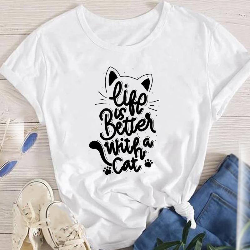 Fashion Cartoon Cat Plant Casual New Lovely Tees Women Short Sleeve Lady Female Graphic Tops Clothes Print Tshirt TShirt