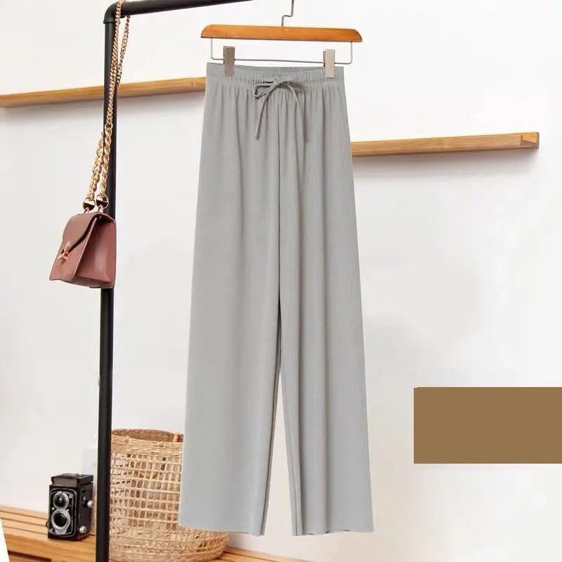 Ice Silk Pendant Wide Leg Pants Women's Spring and Summer Nine Points Straight Pants High Waist Slim Casual Pants Girls Loose Cool Pants