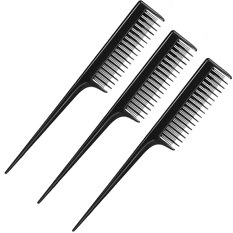 Leinuosen 3 Pcs Triple Teasing Comb for Women Plastic Rat Tail Comb Heat Resistant Pintail Tease Layer Tool for Thick Fine Hair Styling Backcombing