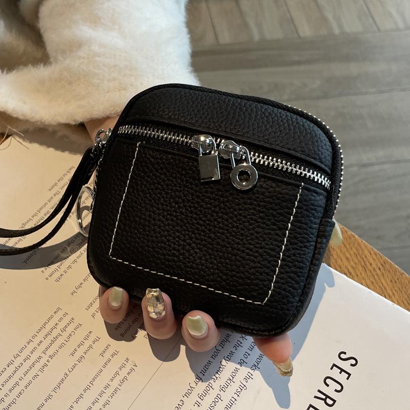 2025 Women's Genuine Leather Compact Wallet and Keychain - Lipstick, Earphone, and Coin Storage