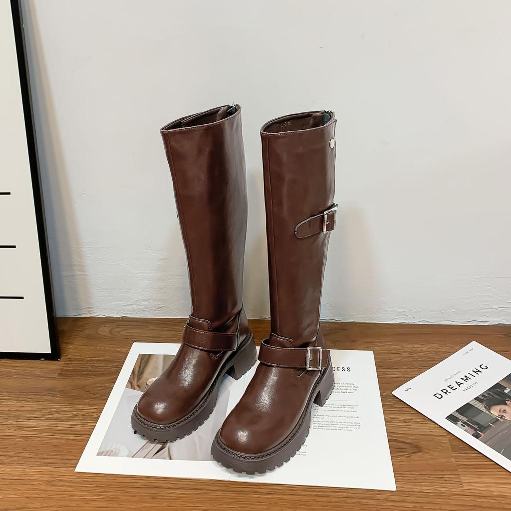 Internet celebrity long knight boots belt buckle Korean version of women's boots small thick sole heightening women's boots wear high-end boots