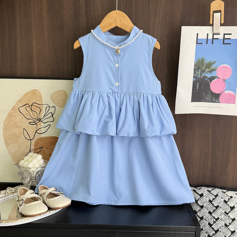 Summer Girls Blue Sleeveless Spliced Princess Dress Sweet Cute Solid Casual Dress For Kids 100cm синий