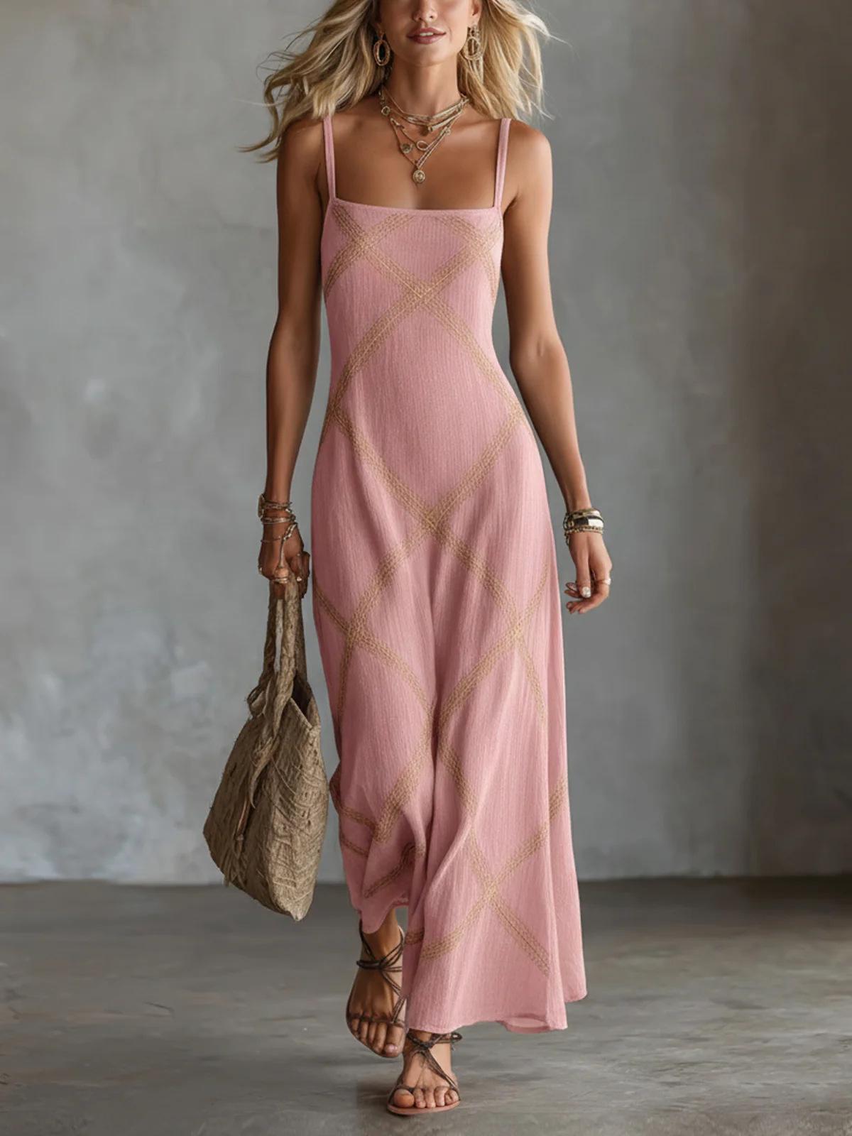 Women Spaghetti Strap Square Neck Midi Dress Pink Textured Stripe Pattern Casual Summer Beach Dress S