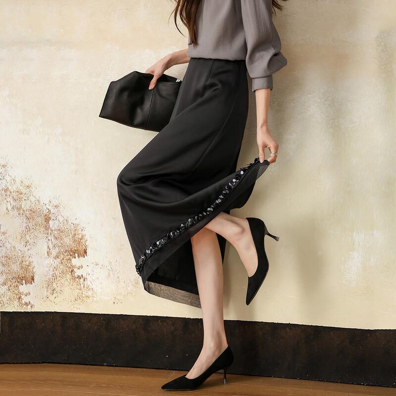 Elegant Seclusion Sequin Patchwork Black Midi Skirt L