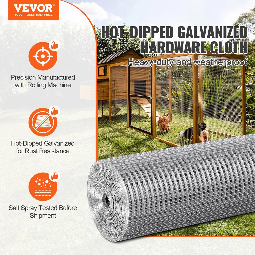 VEVOR Hardware Cloth, 1/2 inch 36in x 50 ft 19 Gauge, Hot Dipped Galvanized Wire Mesh Roll, Chicken Wire Fencing, Wire Mesh for Rabbit Cages, Garden