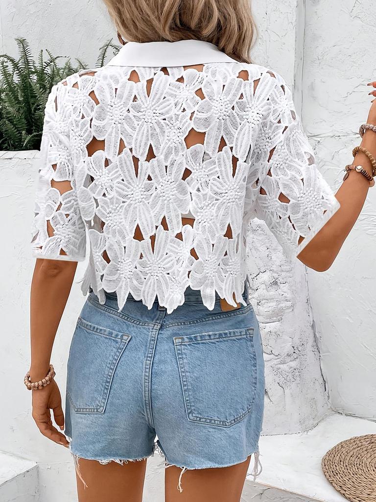 Elegant Women's Lace Blouse – European & American Fashion, Versatile for Casual, Vacation, and Parties, with Hollow Out Design