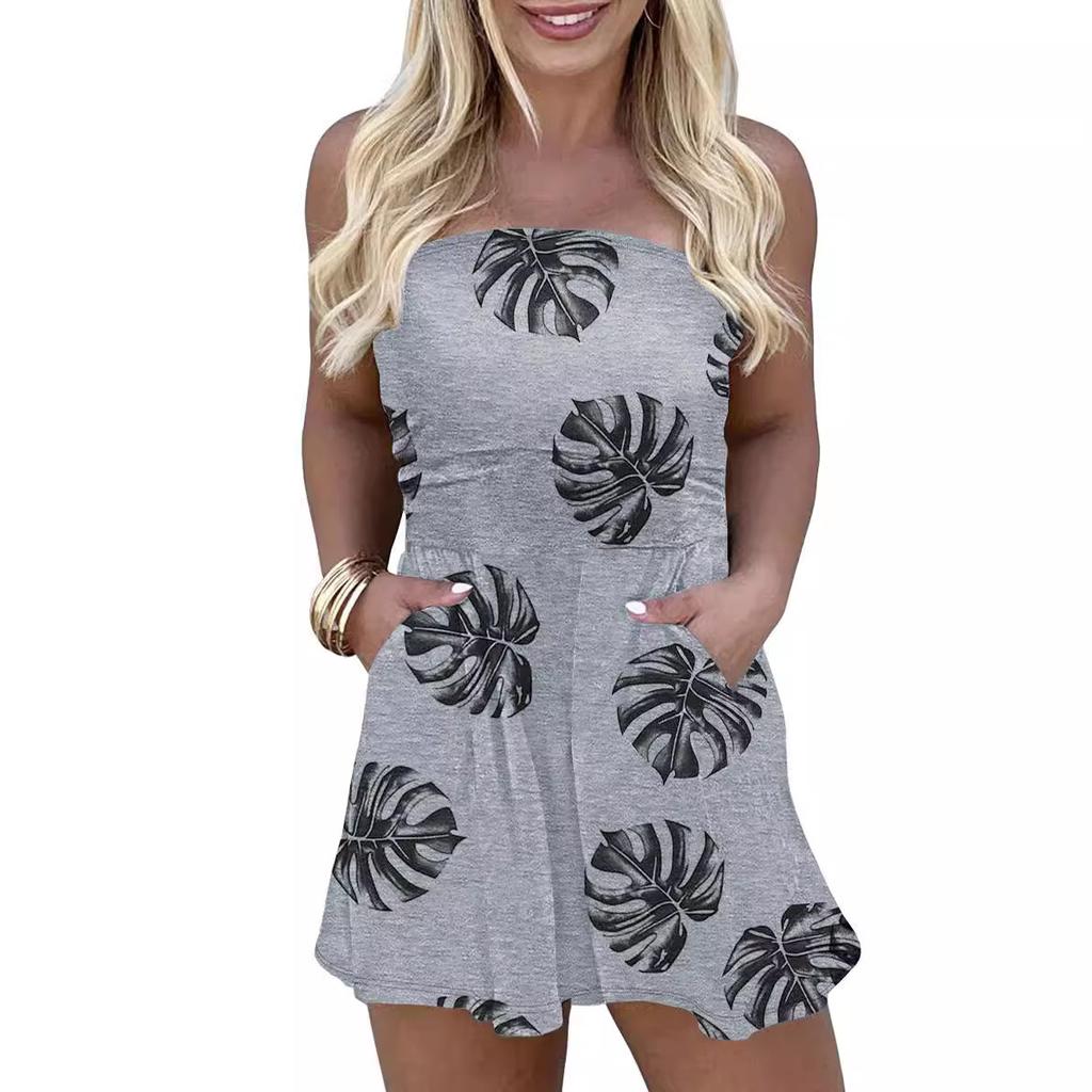 Women's Strapless Tube Top Elastic Waist Abstract Print Short Romper Casual Pocket Jumpsuit