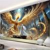 2D Celestial Phoenix Tapestry Divine Golden Bird & Princess in a Starry Sky Setting Wall Art