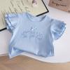 Girls Summer Blue Ruffled Short Sleeve T Shirt And Polka Dot Bloomer Shorts Two Piece Outfit Set