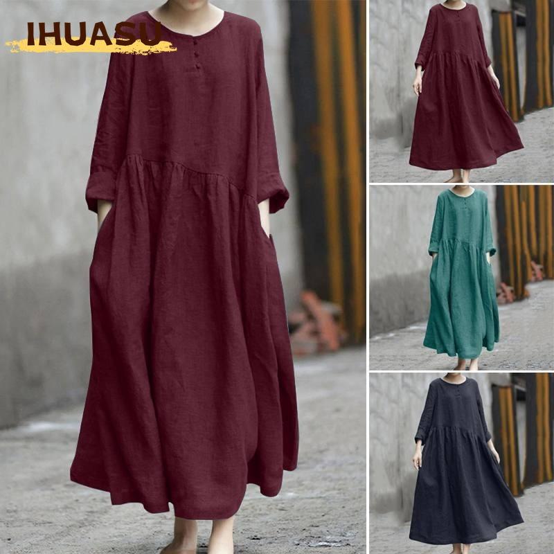 IHUASU Fashion Summer Spring Solid Color Print Long Sleeve O-Neck Casual Dresses
