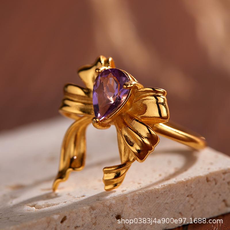 Non-Fading High-End S925 Sterling Silver 18K Gold Natural Amethyst Lucky Treasure Ring Women'S Simple Jewelry