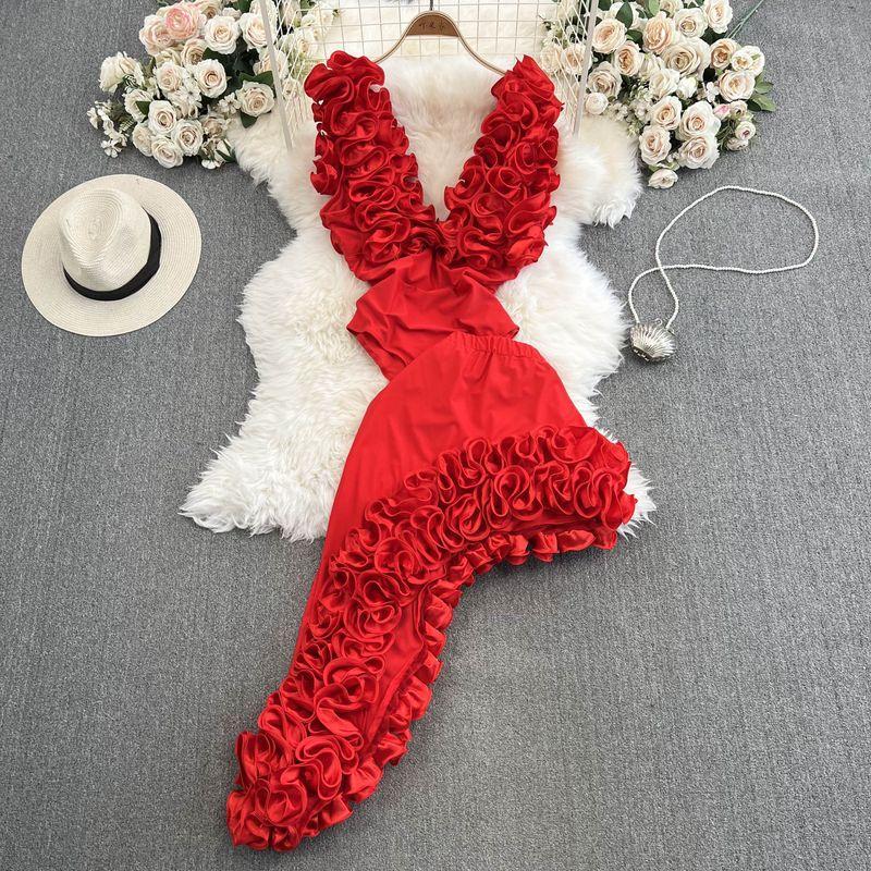 

Ruffles Dress Jumpsuit Female Noble Elegance Socialite Elegant Bandeau Slim-Fit Slim Looking Asymmetrical Skirt Outfit Red One size