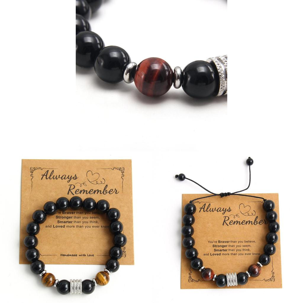 Tiger Eye Stone Black Onyx Stainless Steel Men Women Adjustable Cord Bracelet With Geometric Design For Travel Gift