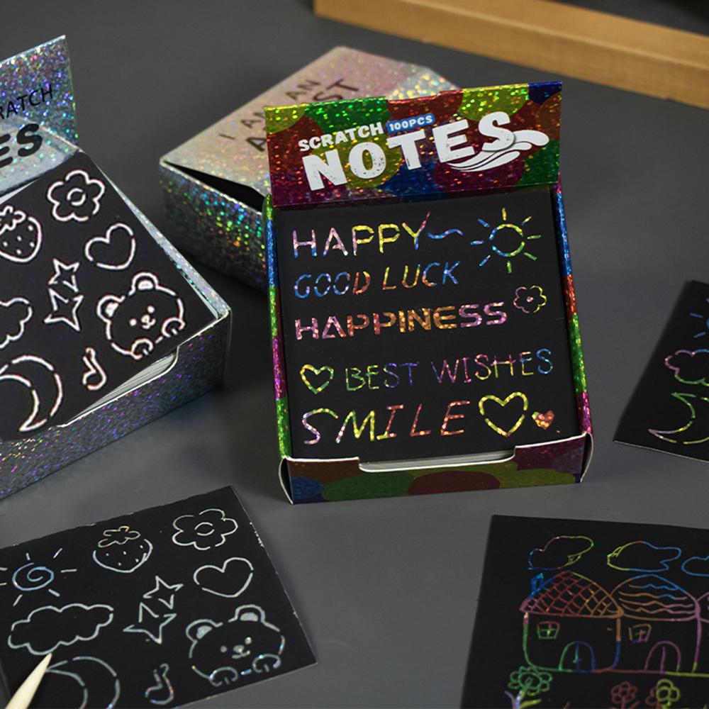 Laser Rainbow Scratch Paper Set with Templetes, Normal/Shinning Black Scratch Memo Pads