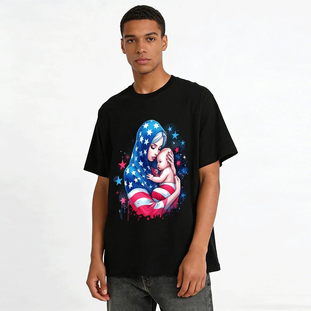 Amerikanische Flagge Mutter und Baby Druck Lässiges Oberteil Reines Baumwoll-T-Shirt