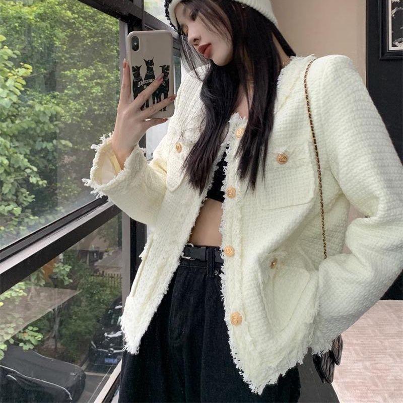 Button Up Jackets for Women Autumn Winter  Vintage New Pockets O Neck Tweed Jacket Casual Long Sleeve Chic Coats