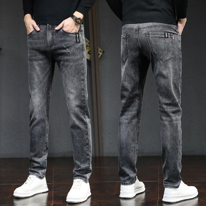 

2024 Весна/Осень Зима Новые плюшевые/Обычные синие мужские облегающие эластичные повседневные брюки на маленькую ногу, длинные джинсы 38 серый