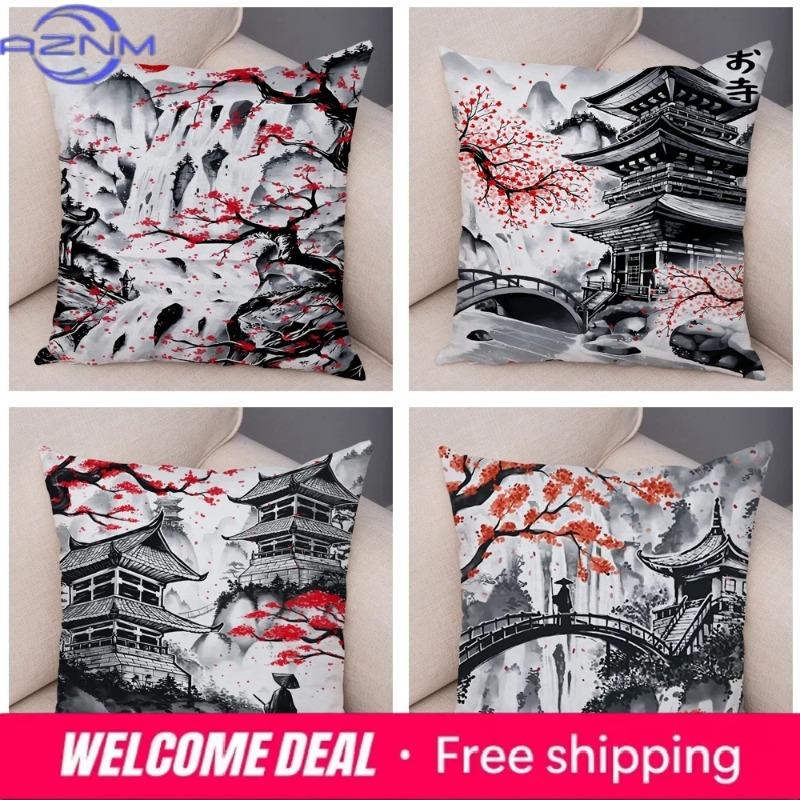 Kissenbezug im Japan-Stil Ink Warrior für Sofa Zuhause Doppeldruck Dekor Schöne Landschaft Mädchen Kissenbezug Weicher Plüsch Kissenbezug