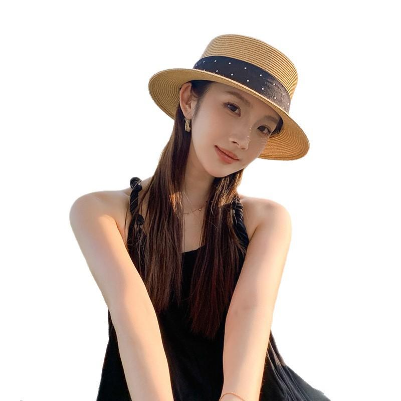 French elegant fashionable straw hat women's summer seaside vacation casual sun hat ribbon flat top hat sun hat