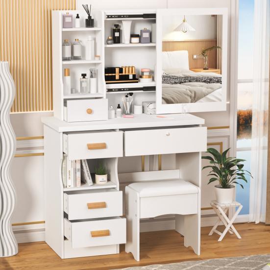 Vanity Desk with Sliding Mirror, Bedroom Dressing Table, Makeup Table with 5 Drawers & Shelves, Hidden Storage Space