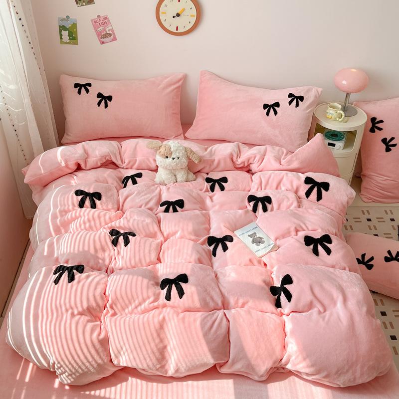 Bow High Gram Weight Thickened Milk Fleece Towel Embroidery Four-Piece Set Bed Sheet Quilt Cover Bedding Three-Piece Set