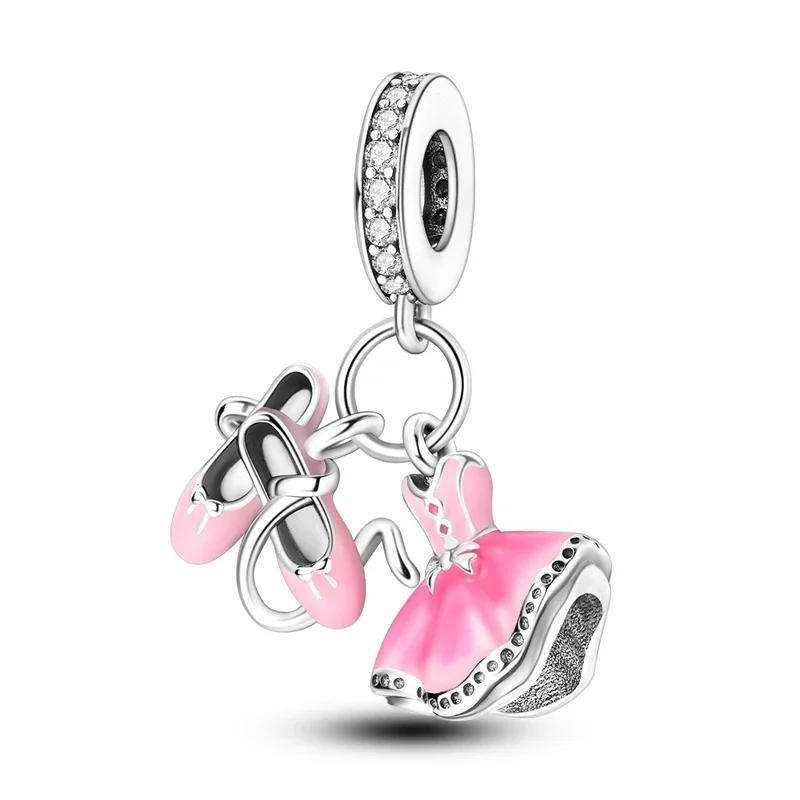 Copper Pink Ballet Shoes Skates Pendant Charms Fit Original Bracelet Necklace Jewelry Making For Women Gift