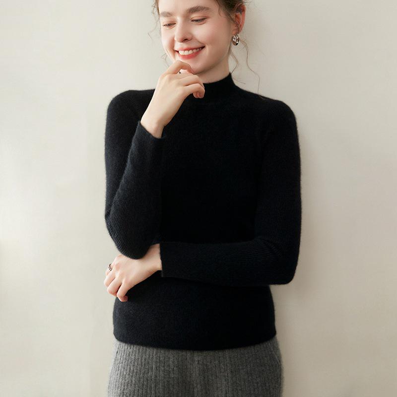 Classic Women's Cashmere Knit Pullover: Striped Half-High Collar, Solid Color, Autumn/Winter Commute Sweater